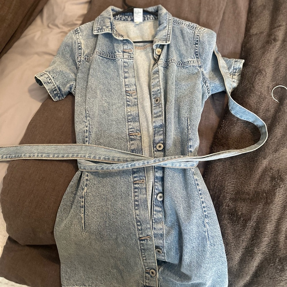 Light Wash Denim Mini Shirt Dress with Tie Belt